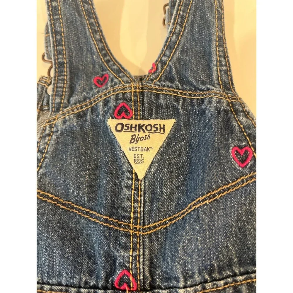 OshKosh Bgosh Baby Girls 18M Denim Overalls With Pink Heart Embroidery